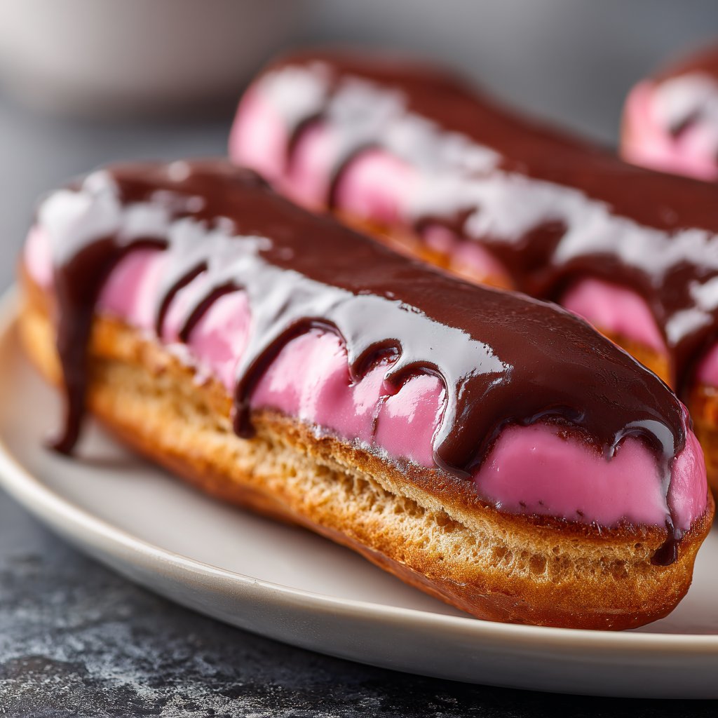 Chocolate Éclairs with Pink Glaze